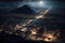 Teotihuacan at night in Mexico, fantasy aerial view of ancient pyramids, generative AI