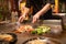 Teppanyaki Chef Cooking and Cutting Up Vegetables