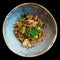 Teppanyaki mushrooms with green leek in earthenware bowl,