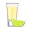 Tequila with a slice of lime isolated on white background.