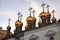 Terem churches of Moscow Kremlin. Blue sky background.