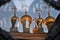 Terem churches of Moscow Kremlin. Glass window reflection