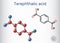 Terephthalic acid molecule. It is benzenedicarboxylic acid, precursor to the polyester PET. Molecule model