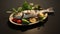 Teriaki tilapia dish with vegetables on a concrete table, horizontal view from above. generative ai