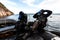 Teriberka, Russia - July 29, 2017: Two scuba divers diving from a boat into the water. Shot in Barents sea