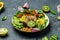 Teriyaki baked tofu with avocado, chickpeas, cucumber and mushrooms. buddha bowl. Vegan lunch salad. top view