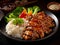 Teriyaki chicken with rice and vegetables on a black plate.