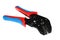 Terminal crimping press pliers with closed jaws, blue and red ergonomic plastic handle, white background