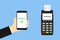 Terminal with hand hanging phone and check on blue background success transaction online payment