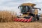 TERNOPIL REGION, UKRAINE - November 04, 2021 - corn field and combine CLAAS harvester