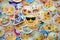 TERNOPIL, UKRAINE - APRIL 29, 2022: Large set of stickers with Emoji yellow faces. Glasses pictogram in focus