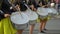 Ternopil, Ukraine June 27, 2019: Close-up of female hands drummers are knocking in the drum of their sticks