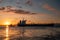 Ternuezen Netherlands April 2 2020, Oil and Gas Chemical tanker at the harbour of Terneuzen during sunset on the river