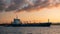 Ternuezen Netherlands April 2 2020, Oil and Gas Chemical tanker at the harbour of Terneuzen during sunset on the river