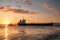 Ternuezen Netherlands April 2 2020, Oil and Gas Chemical tanker at the harbour of Terneuzen during sunset on the river