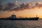 Ternuezen Netherlands April 2 2020, Oil and Gas Chemical tanker at the harbour of Terneuzen during sunset on the river