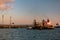 Ternuezen Netherlands April 2 2020, Oil and Gas Chemical tanker at the harbour of Terneuzen during sunset on the river