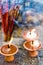 Terra-cota oil lamps as religious offerings at temple in Nepal.