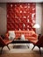 Terra cotta leather sofa and dark red armchairs near 3d panel wall. Interior design of modern living room