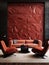 Terra cotta leather sofa and dark red armchairs near 3d panel wall. Interior design of modern living room