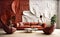Terra cotta leather sofa and dark red armchairs near 3d panel wall. Interior design of modern living room. Created with generative
