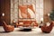 Terra cotta velvet furniture against of stone 3d panel wall with art poster. Hollywood glam interior design of modern living room