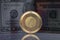 Terra Luna LUNC Crypto Coin Placed on reflective surface with twenty dollar bill behind.
