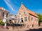 Terrace of cafe in old town hall in fortified city Woudrichem, N