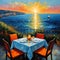 A terrace cafe perched on the edge of a cliff, overlooking a vast ocean, setting sun, sea, romance, serenity, painting art