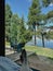 Terrace with chairs at country side house, waterfront vacation hotel.