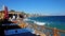 Terrace of coastal cafe in Dahab during storm, Egypt