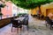 Terrace and Hotel breakfast restaurant interior on background architecture