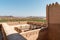 Terrace of the Jabreen Castle with the fields of date palms in background, Oman