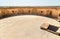 Terrace of the Jabreen Castle with the fields of date palms in background, Oman