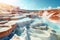 Terrace at Mammoth Hot Springs. Symbols of health and relaxation. The virtues of mineral waters and thermal baths for self care