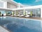 Terrace by the pool with sun loungers near the modern house