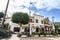 The terrace of the restaurant with the visitors in the city centre. Selective focus. 20.01.2020 Los Gigantes, Tenerife