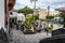 The terrace of the restaurant with the visitors in the city centre. Selective focus. 20.01.2020 Los Gigantes, Tenerife