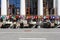 The terrace of street cafe decorated with flags of different countries during the International FIFA World Cup 2018 in Volgograd