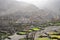 Terraced crop fields in morning fog. High Atlas Mountains, Morocco, North Africa