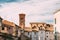 Terracina, Italy. Houses And Tower Of Cathedral Of San Cesareo Built On Podium Of Temple Of Roma And Augustus