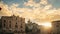 Terracina, Italy. Piazza Municipio And View Of Castle Castello Frangipane In Upper Town In Sunrise Time