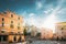 Terracina, Italy. Piazza Municipio And View Of Castle Castello Frangipane In Upper Town In Sunset Sunrise Time