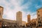 Terracina, Italy. Tower Of Cathedral Of San Cesareo And Town Hall In Sunny Day