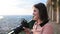 Terracina, Italy. Young Caucasian Woman Tourist Photograph Taking Photos Near Remains Of Temple Of Jupiter Anxur