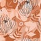 Terracotta contemporary fashion abstract seamless pattern. One line continuous protea flower and trendy shapes.