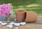 Terracotta flowerpots on a garden table with wooden white hearts