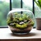 Terrarium jar with little forest and a self ecosystem , Small decoration plants in a glass bowl, Terrarium , terrarium plants