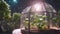A terrarium with lush greenery under a protective dome, glowing softly amidst a starry night backdrop