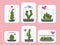 Terrarium plants set. Cactus succulent florarium in glass vase with heart card, cute terrariums with exotic plants, cactus in the